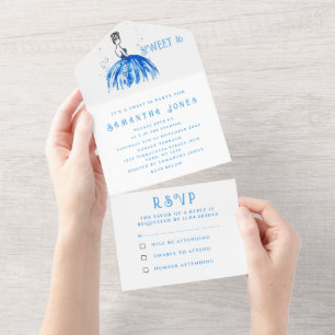 Blue Dress Sweet 16 Floral Sixteen Girly Elegant All In One Invitation