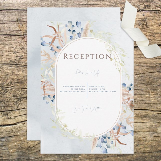 Blue Dried Boho Flowers Blue Reception Card (Creator Uploaded)