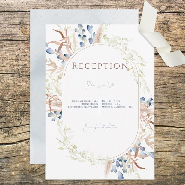 Blue Dried Boho Flowers White Reception Card (Creator Uploaded)