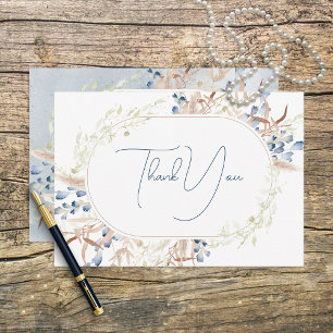 Blue Dried Boho Flowers White Thank You Card