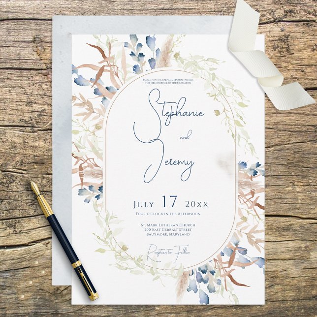 Blue Dried Boho Flowers White Wedding Invitation (Creator Uploaded)