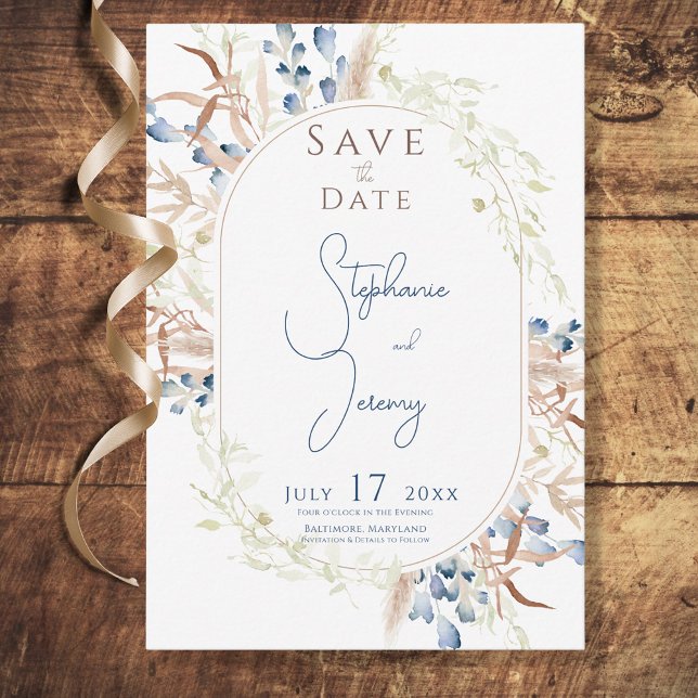 Blue Dried Boho Flowers White Wedding Save The Date (Creator Uploaded)