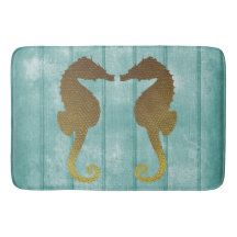 Blue Driftwood with Gold Seahorses Bath Mat
