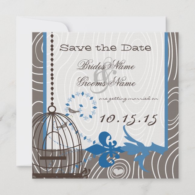 Blue Driftwood Wood Grain Bird Cage Save the Date Invitation (Front)