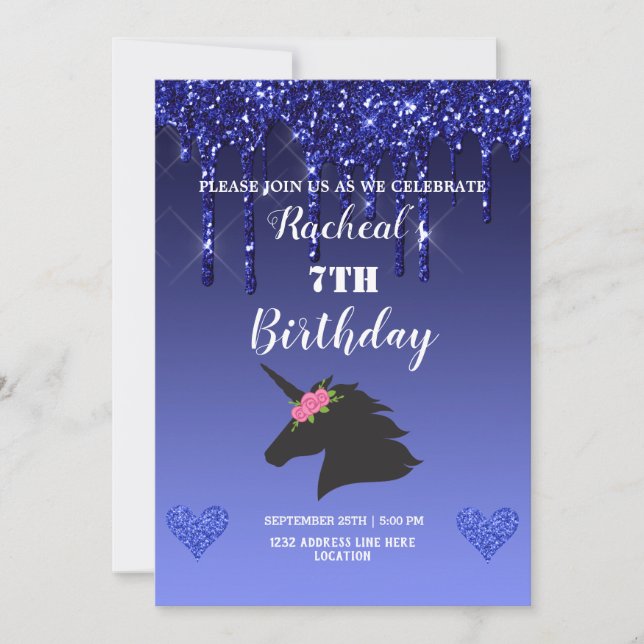 Blue Dripping Glitter Floral Unicorn Invitation (Front)