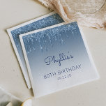Blue Dripping Glitter Glam 80th Birthday Party Napkin<br><div class="desc">These chic,  feminine 80th (or any year) birthday party paper napkins feature a sparkly blue faux glitter drip border and blue ombre background. Personalise them with the guest of honour's name in blue handwriting script,  with her birthday and date below in sans serif font.</div>