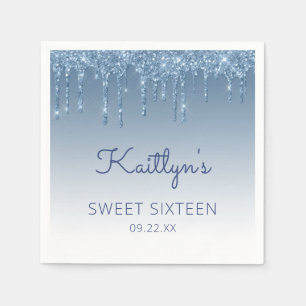 Blue Dripping Glitter Glam Sweet 16 Party Napkin