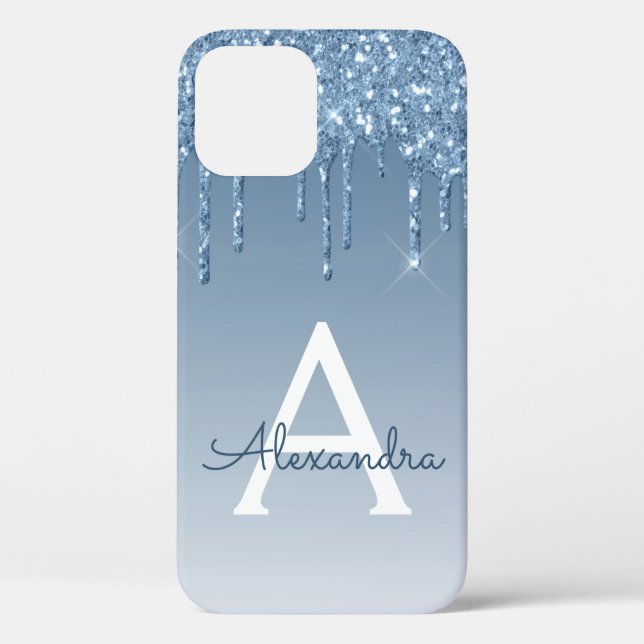 Blue Dripping Glitter Monogram Girly Case-Mate iPhone Case (Back)