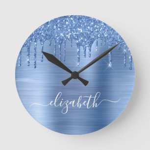 Blue Dripping Glitter Personalised Round Clock