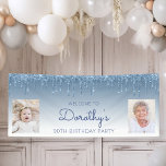 Blue Dripping Glitter Two Photo 90th Birthday Banner<br><div class="desc">Welcome guests with this chic, glamourous 90th birthday party photo banner, featuring a sparkly blue faux glitter drip border and blue ombre background. Easily replace the two sample images with photos of the guest of honour. Personalise it with her name in blue handwriting script, with the birthday below in blue...</div>