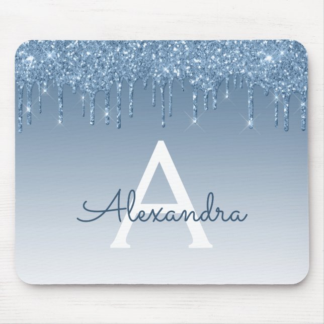 Blue Drips Glitter Monogram Mousepad (Front)