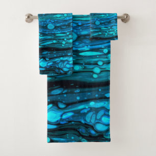 Blue Drops Acrylic Pouring Abstract Fluid Art Bath Towel Set