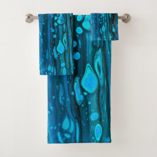 Blue Drops Acrylic Pouring Abstract Fluid Art Bath Towel Set
