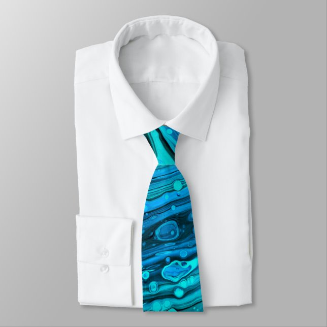Blue Drops Acrylic Pouring Abstract Fluid Art Tie (Tied)