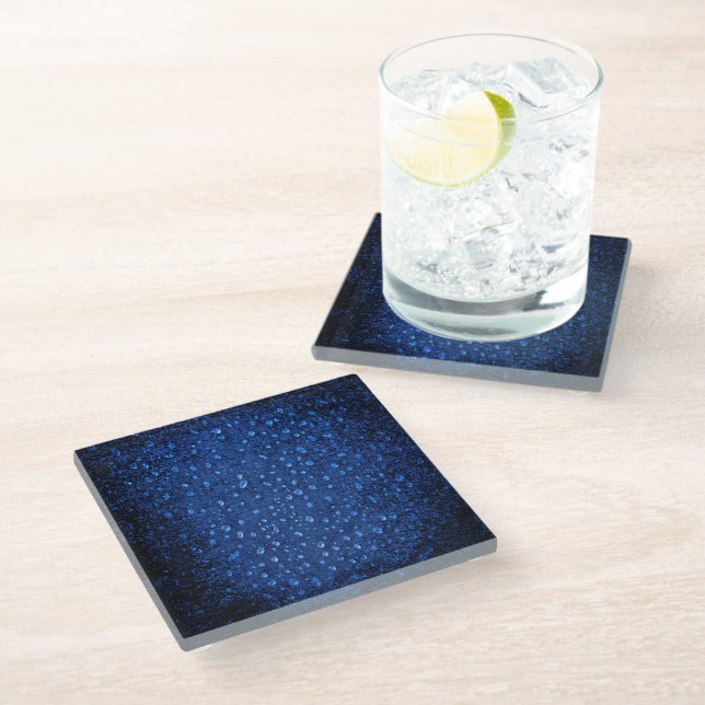 Blue drops rustic glass coaster (Angled)