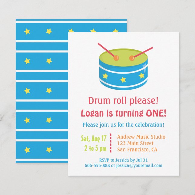 Blue Drum Roll Boy First Birthday Party Invitation (Front/Back)