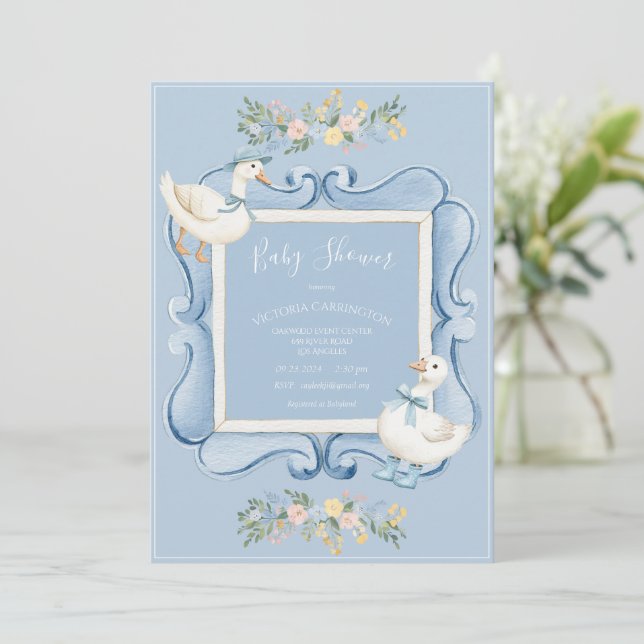 Blue Ducks Floral Vintage Baby Shower Invitation (Standing Front)