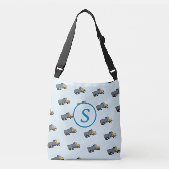 Blue Dump Truck Themed Monogrammed Diaper Bag (Front)