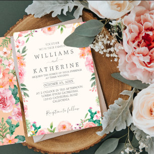  Blue Dusty Blush Pink & Peach Floral Wedding  Invitation