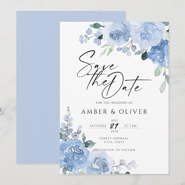Blue Dusty Floral Light Blue Leaves Save The Date  Invitation (Front/Back)