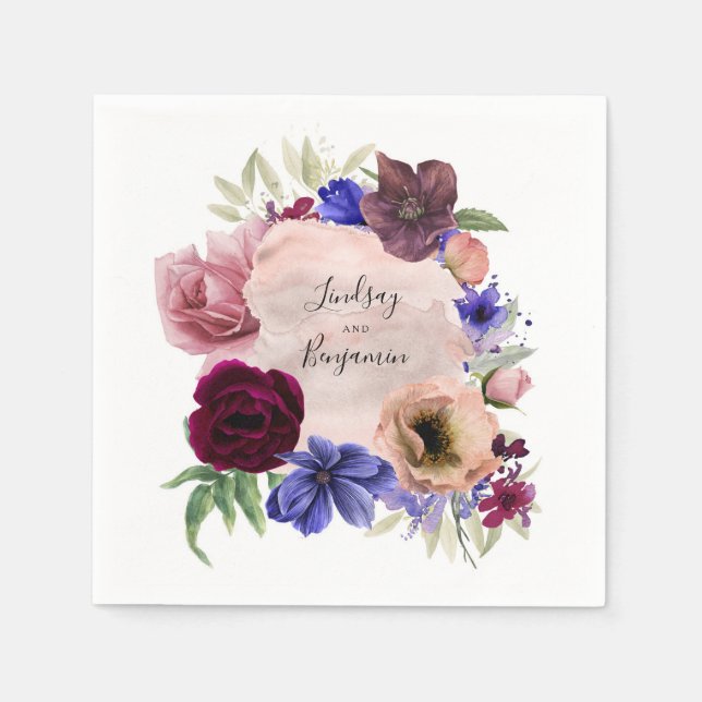 Blue Dusty Pink and Burgundy Floral Watercolor Napkin (Front)