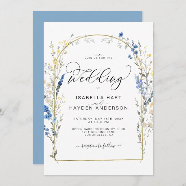 Blue Dusty Wild Flower Floral Gold Foil Wedding Invitation (Front/Back)