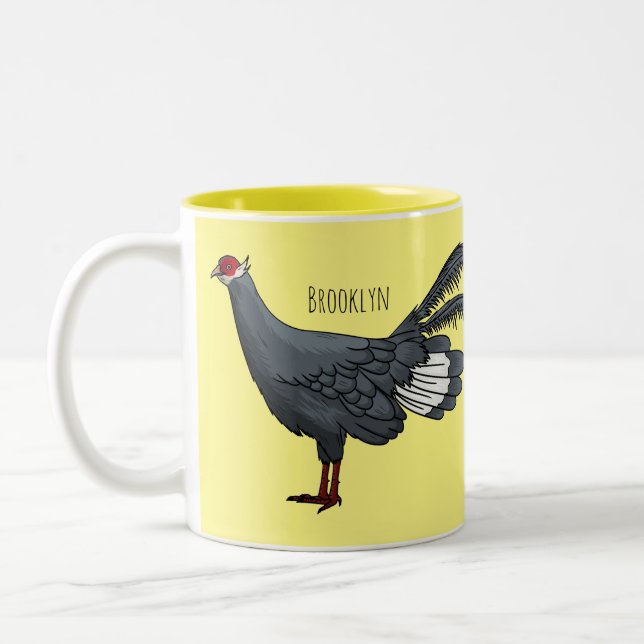 Blue eared pheasant bird cartoon illustration Two-Tone coffee mug (Left)