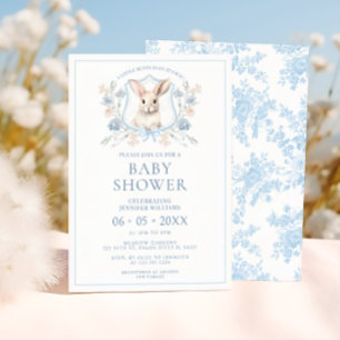 Blue Easter Bunny Crest Floral Baby Boy Shower Invitation