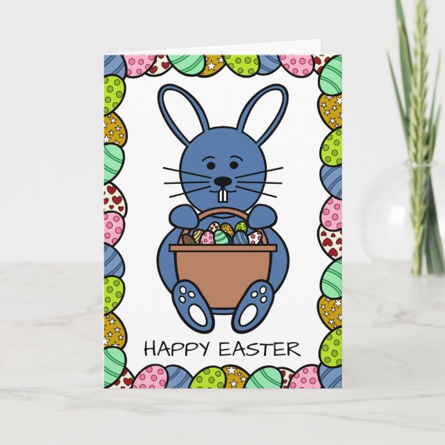 Blue Easter Bunny, Happy Easter Card (Front)
