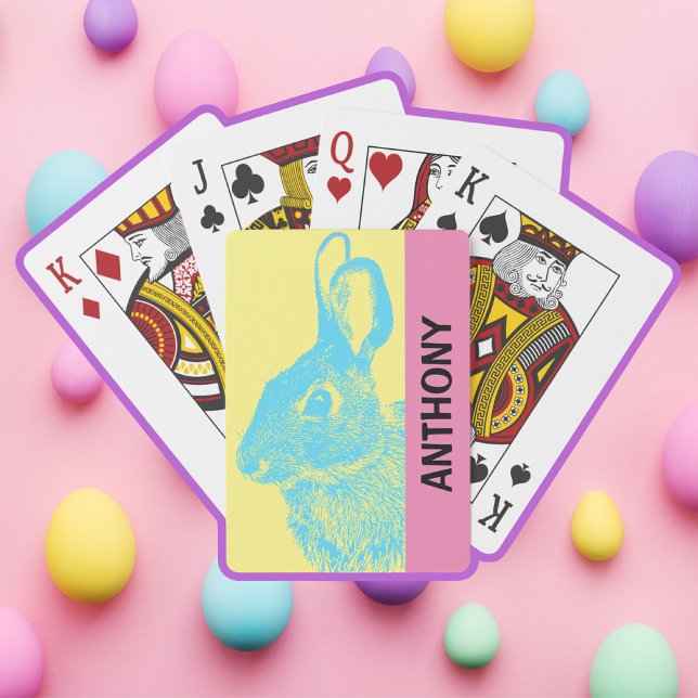 Blue Easter Bunny Retro Pastel Playing Cards (Easter basket filler present Bunny Rabbit Customizable Playing Cards, Retro Style in Pastel Colors.)