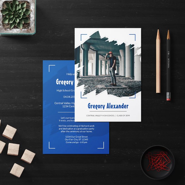 Blue Edgy Abstract Brushstroke Photo Graduation Invitation (Creator Uploaded)