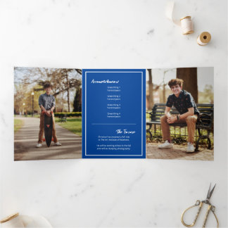 Blue Edgy Abstract Torn Photo Graduation Tri-Fold Invitation