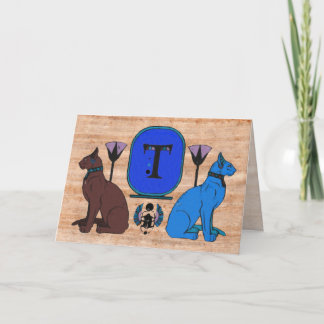 Blue Egyptian Cat Monogram Greeting Card: T Note Card