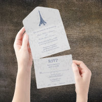 Blue Eiffel Tower Damask All in One Wedding Invite