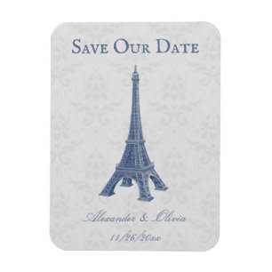 Blue Eiffel Tower Damask Save The Date Magnet
