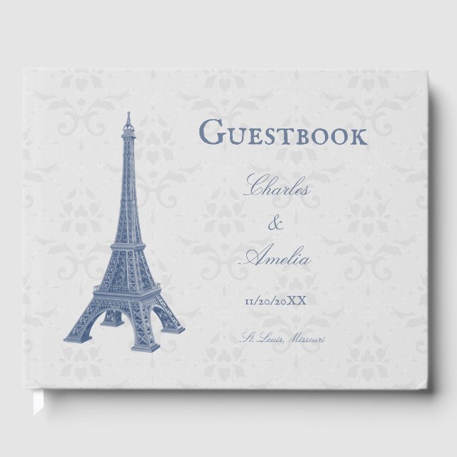 Blue Eiffel Tower Damask Wedding Guestbook (Front)