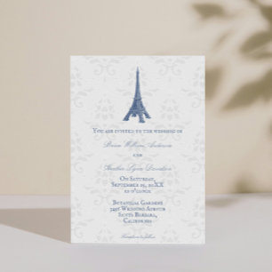 Blue Eiffel Tower Damask Wedding Invitation