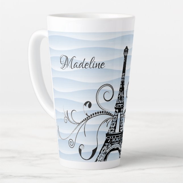 Blue Eiffel Tower Flourish Latte Mug (Left Angle)
