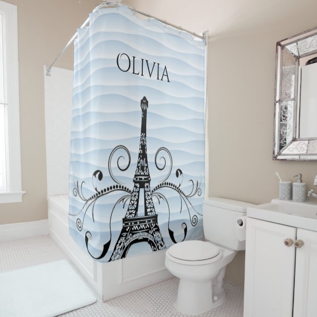 Blue Eiffel Tower Flourish Shower Curtain (In Situ)