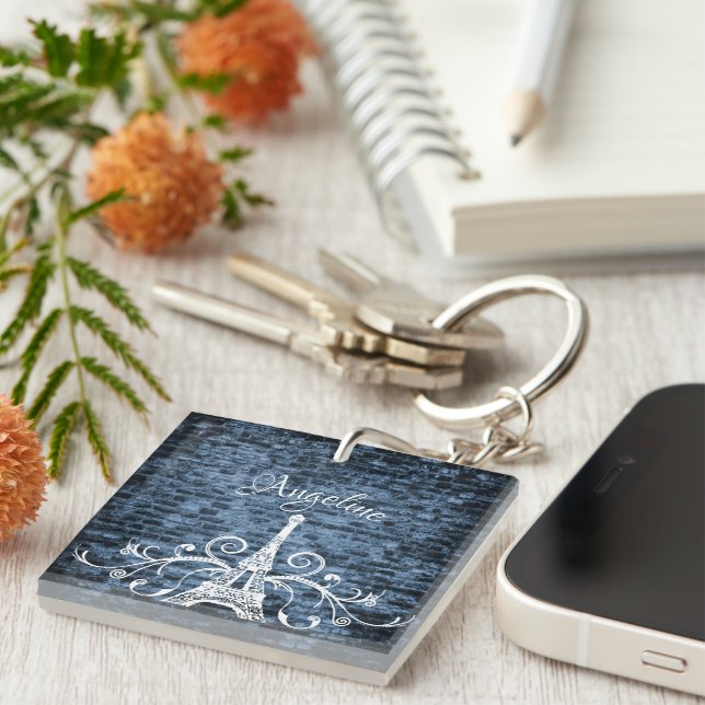 Blue Eiffel Tower Grunge Keychain (Front Right)