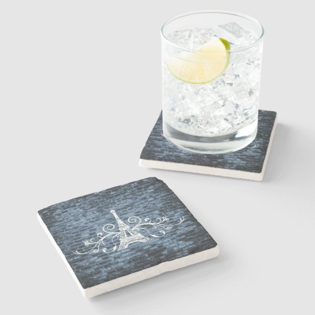 Blue Eiffel Tower Grunge Stone Coaster (Side)