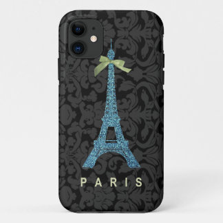 Blue Eiffel Tower in faux glitter iPhone 11 Case