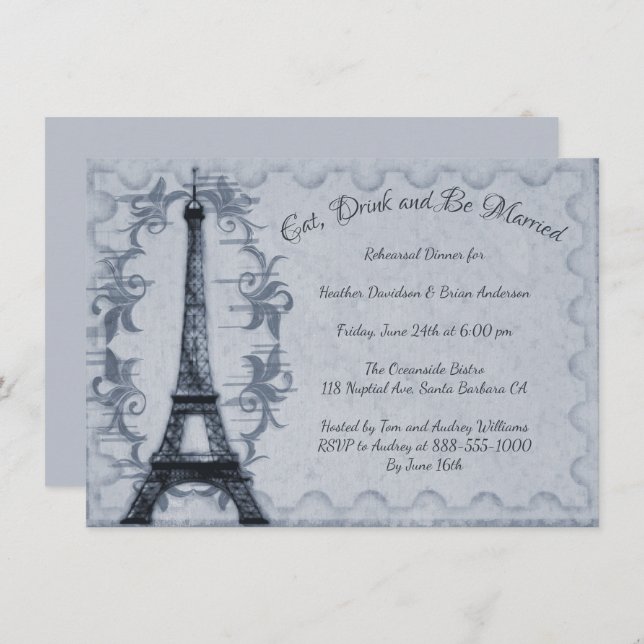 Blue Eiffel Tower Rehearsal Dinner Invitation (Front/Back)