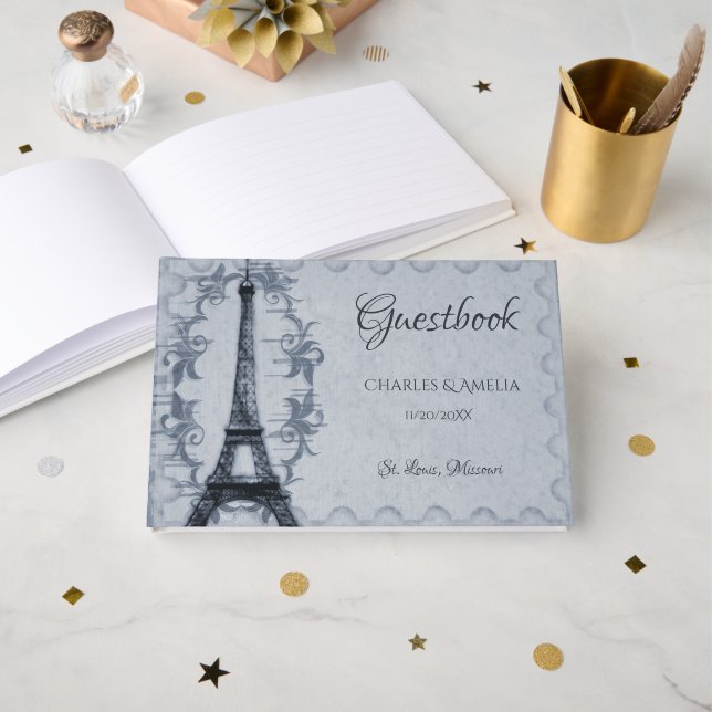 Blue Eiffel Tower Wedding Day Guestbook (Front Open)