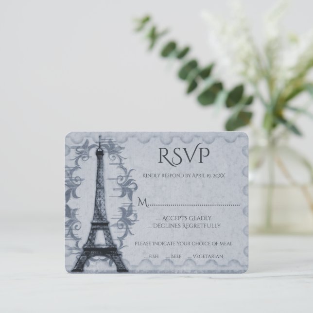 Blue Eiffel Tower Wedding RSVP Card (Standing Front)