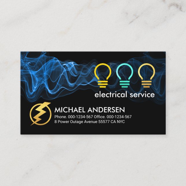 Blue Electric Current Powers Bulb Business Card (Front)