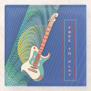 Blue Electric Guitar Moiré Retro Trippy Name Glass Coaster