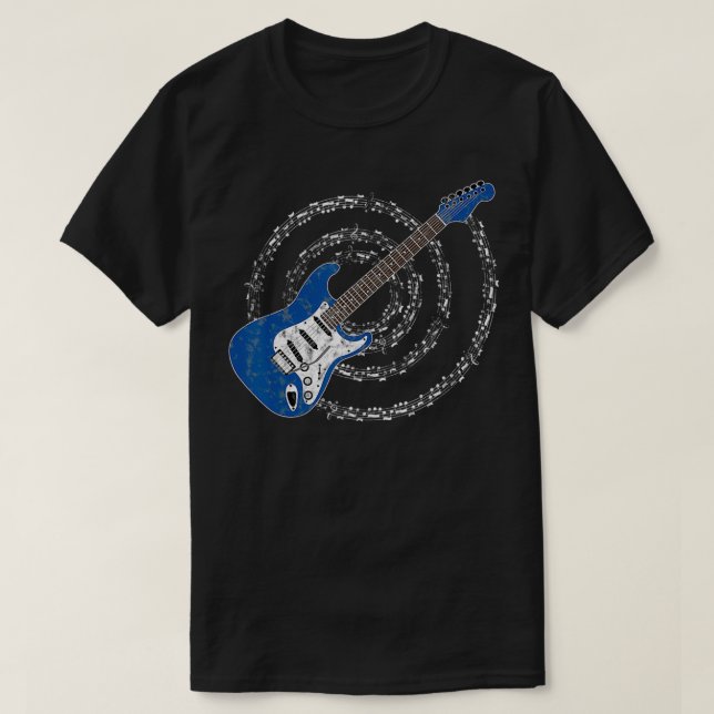 Blue Electric Guitar Spiraling Musical Notes  T-Shirt (Design Front)