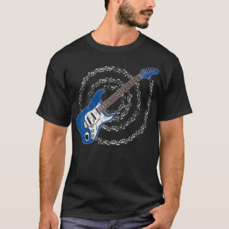 Blue Electric Guitar Spiraling Musical Notes  T-Shirt
