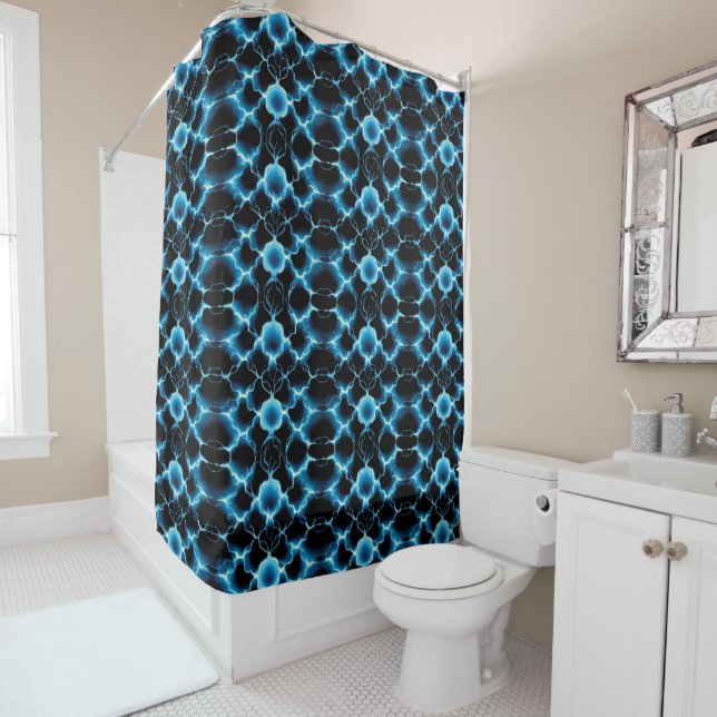 Blue Electric Synapse Repeating Pattern Shower Curtain (In Situ)